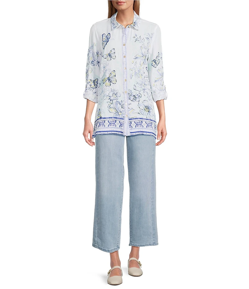 John Mark Floral Butterfly Border Print Point Collar Long Roll-Tab Sleeve Button Front Blouse