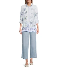 John Mark Floral Butterfly Border Print Point Collar Long Roll-Tab Sleeve Button Front Blouse