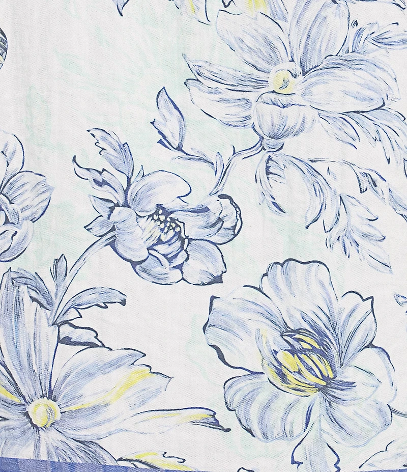 John Mark Floral Butterfly Border Print Point Collar Long Roll-Tab Sleeve Button Front Blouse