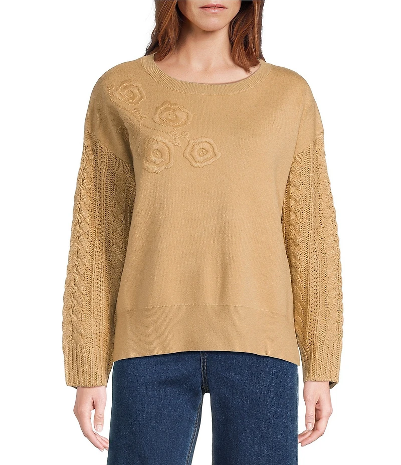 John Mark Floral Embroidered Crew Neck Long Cable Knit Sleeve Sweater