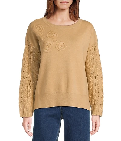 John Mark Floral Embroidered Crew Neck Long Cable Knit Sleeve Sweater