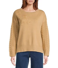 John Mark Floral Embroidered Crew Neck Long Cable Knit Sleeve Sweater