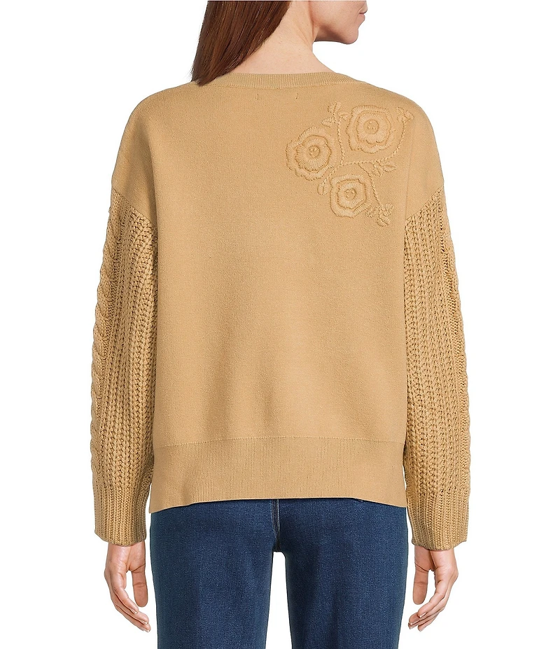 John Mark Floral Embroidered Crew Neck Long Cable Knit Sleeve Sweater