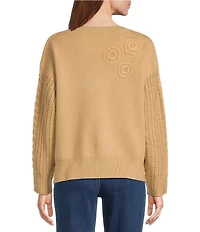 John Mark Floral Embroidered Crew Neck Long Cable Knit Sleeve Sweater