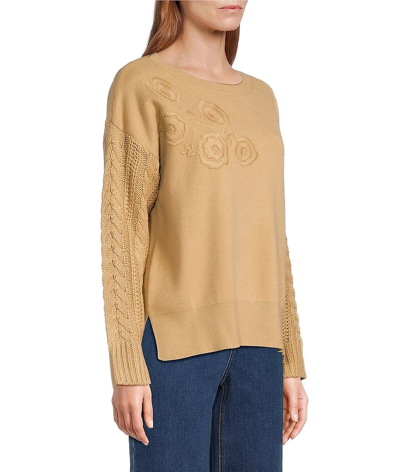 John Mark Floral Embroidered Crew Neck Long Cable Knit Sleeve Sweater