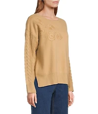 John Mark Floral Embroidered Crew Neck Long Cable Knit Sleeve Sweater