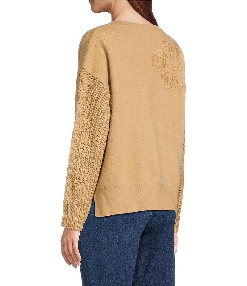 John Mark Floral Embroidered Crew Neck Long Cable Knit Sleeve Sweater