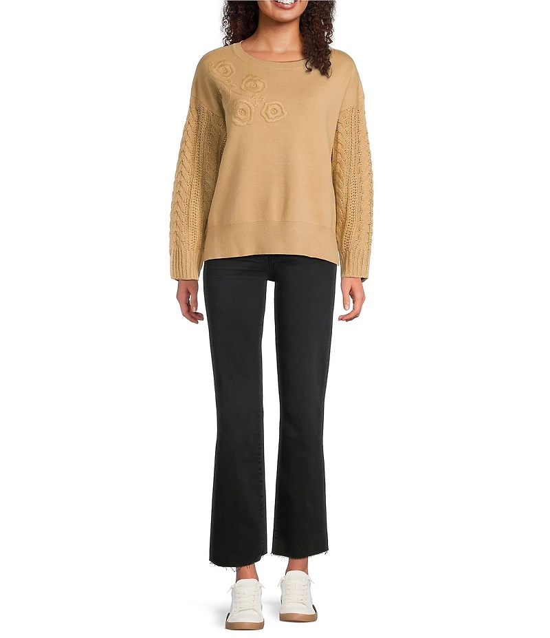 John Mark Floral Embroidered Crew Neck Long Cable Knit Sleeve Sweater