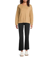 John Mark Floral Embroidered Crew Neck Long Cable Knit Sleeve Sweater