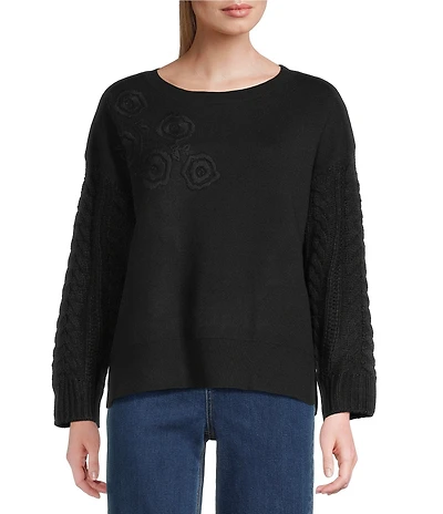 John Mark Floral Embroidered Crew Neck Long Cable Knit Sleeve Sweater