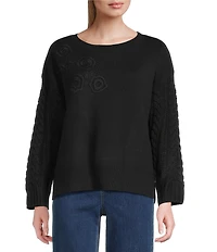 John Mark Floral Embroidered Crew Neck Long Cable Knit Sleeve Sweater