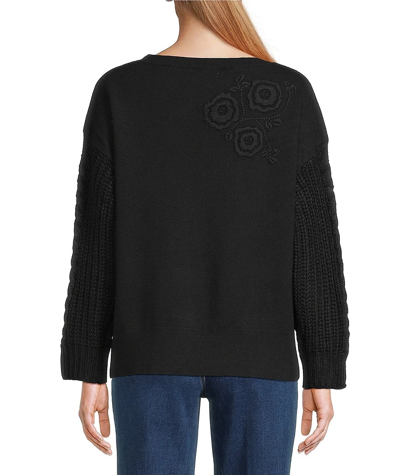 John Mark Floral Embroidered Crew Neck Long Cable Knit Sleeve Sweater