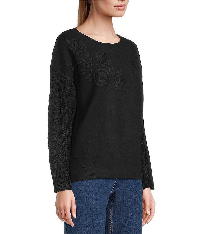John Mark Floral Embroidered Crew Neck Long Cable Knit Sleeve Sweater
