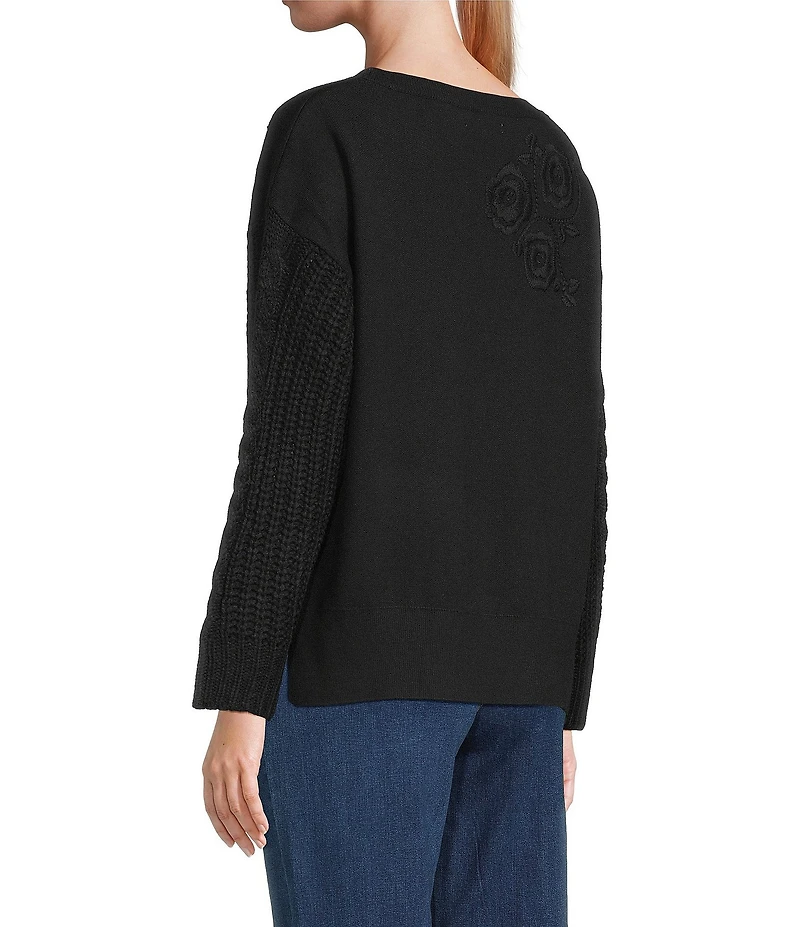 John Mark Floral Embroidered Crew Neck Long Cable Knit Sleeve Sweater