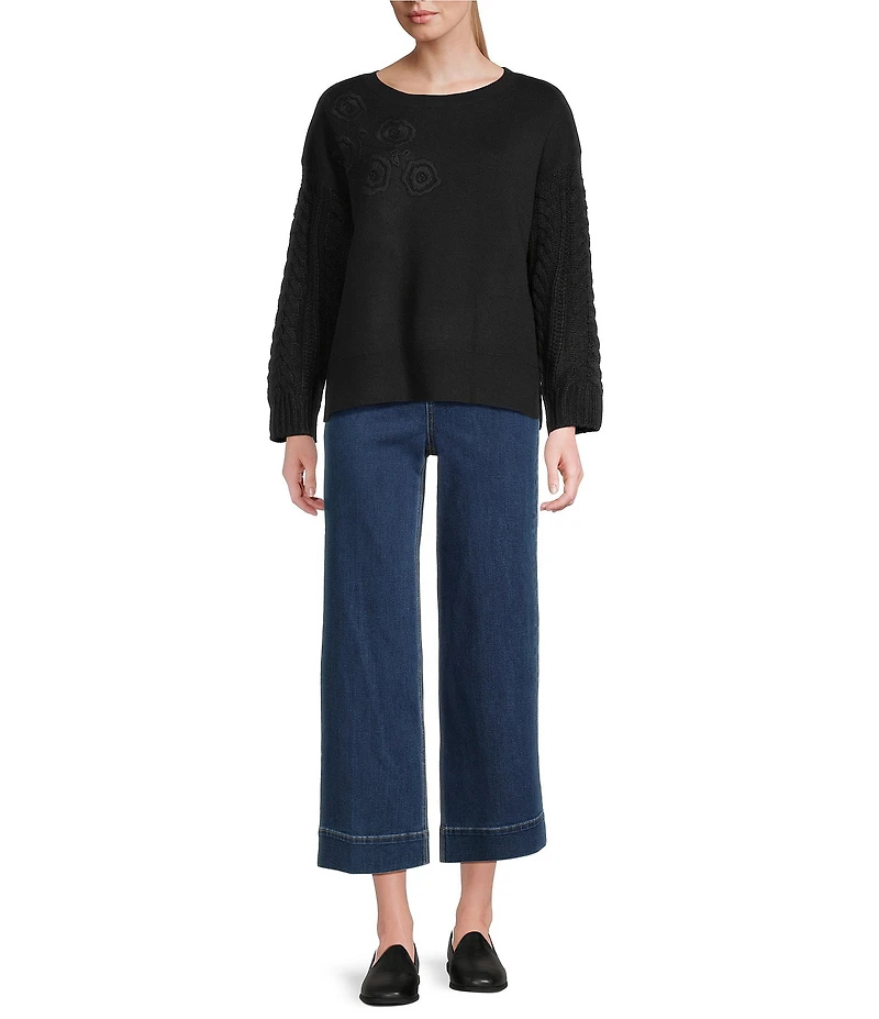 John Mark Floral Embroidered Crew Neck Long Cable Knit Sleeve Sweater
