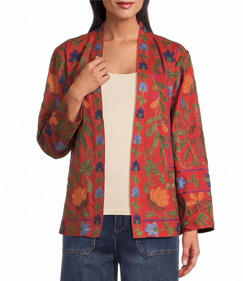 John Mark Floral Embroidered Long Sleeve Open-Front Jacket