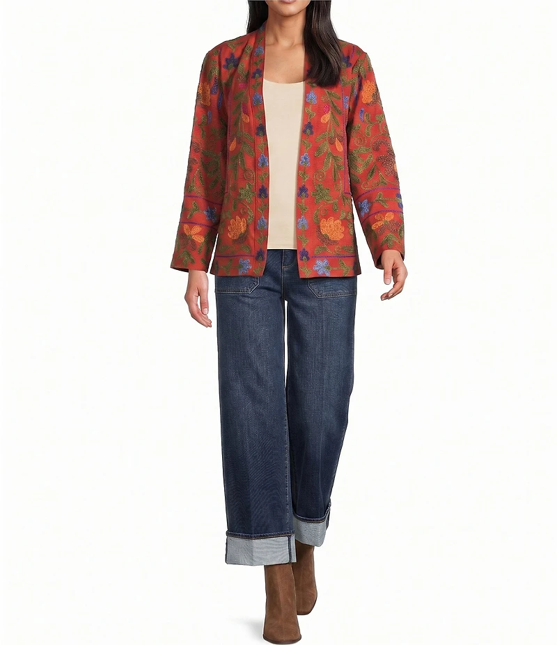 John Mark Floral Embroidered Long Sleeve Open-Front Jacket