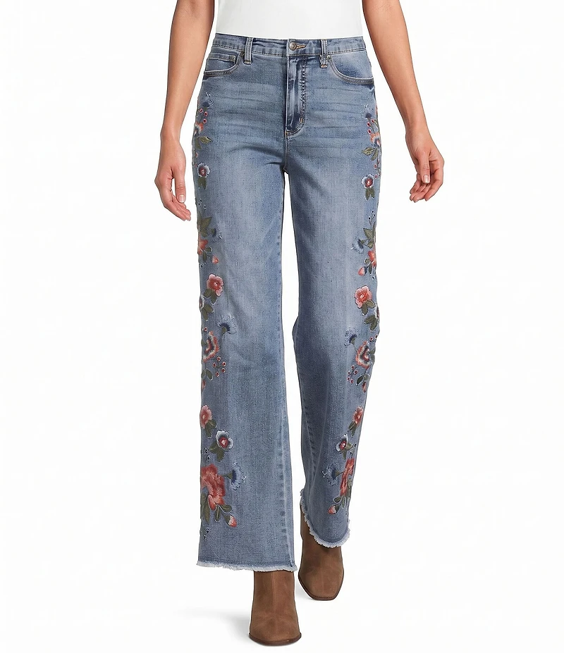 John Mark Floral Embroidered Released Frayed Hem Wide Leg Jeans