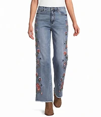 John Mark Floral Embroidered Released Frayed Hem Wide Leg Jeans