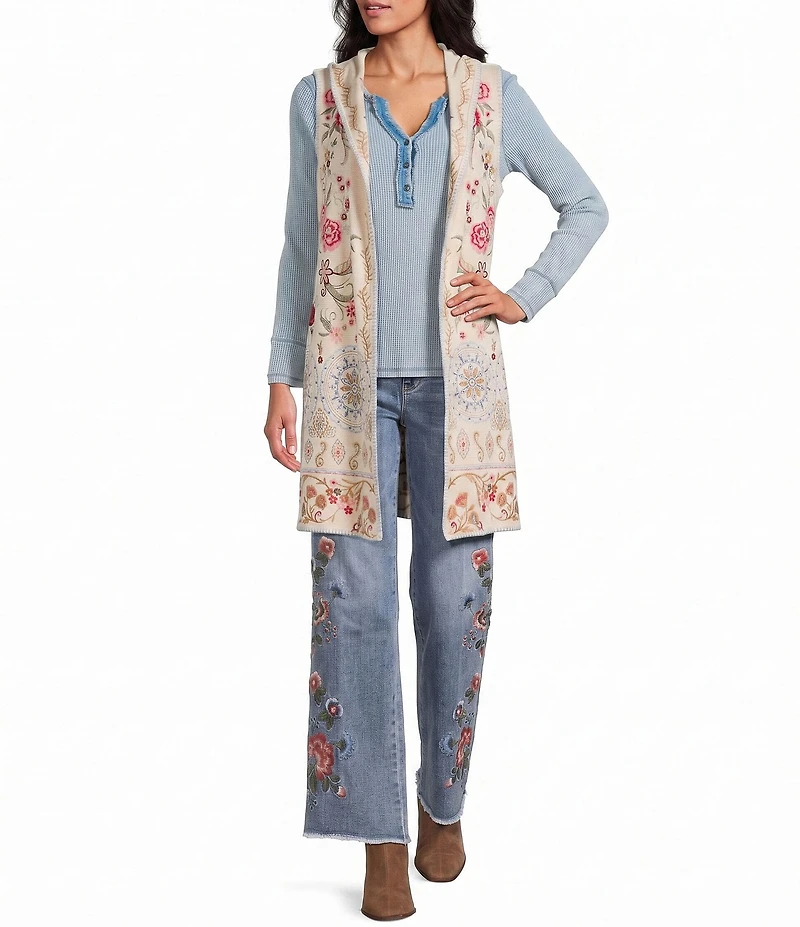 John Mark Floral Embroidered Released Frayed Hem Wide Leg Jeans