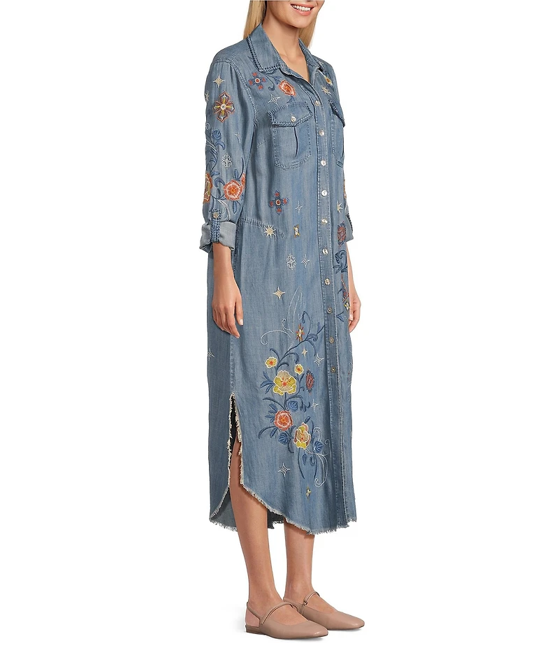 John Mark Floral Embroidered Roll Tab Sleeve Button Up Midi Dress