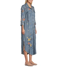 John Mark Floral Embroidered Roll Tab Sleeve Button Up Midi Dress