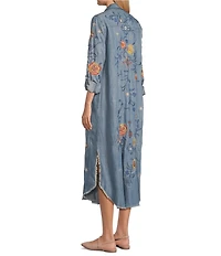 John Mark Floral Embroidered Roll Tab Sleeve Button Up Midi Dress