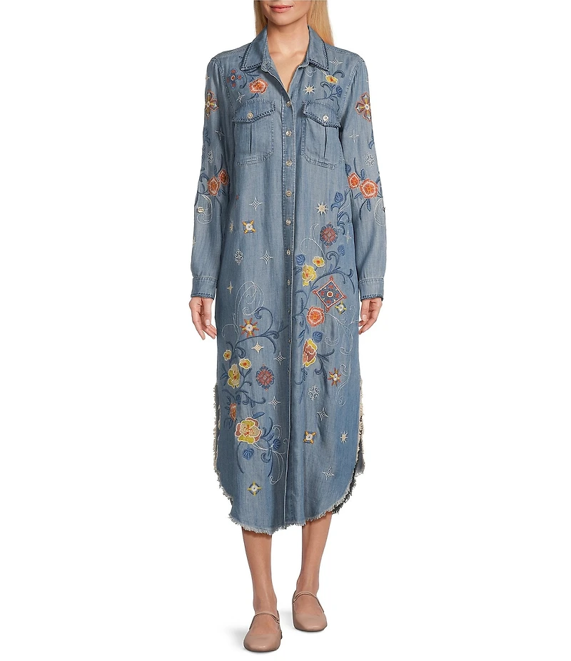 John Mark Floral Embroidered Roll Tab Sleeve Button Up Midi Dress