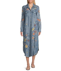 John Mark Floral Embroidered Roll Tab Sleeve Button Up Midi Dress