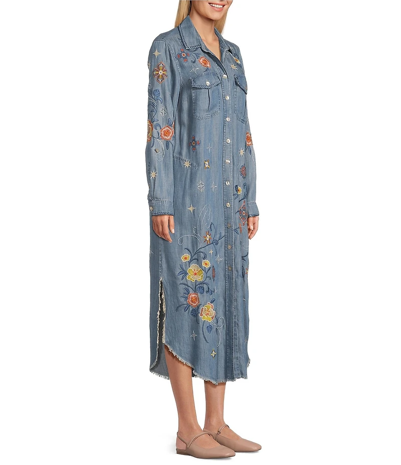 John Mark Floral Embroidered Roll Tab Sleeve Button Up Midi Dress