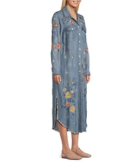 John Mark Floral Embroidered Roll Tab Sleeve Button Up Midi Dress