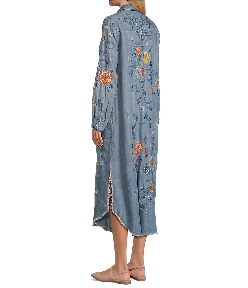 John Mark Floral Embroidered Roll Tab Sleeve Button Up Midi Dress
