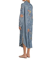 John Mark Floral Embroidered Roll Tab Sleeve Button Up Midi Dress