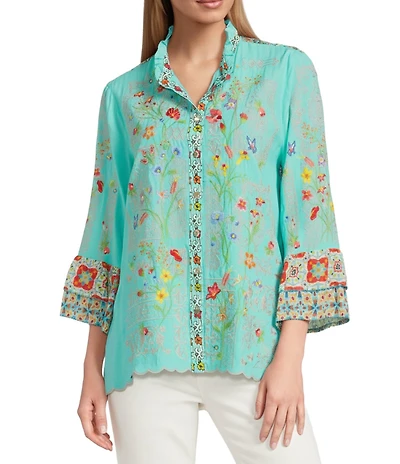 John Mark Floral Embroidered Round Neck 3/4 Ruffle Tiered Sleeve Button Front Blouse