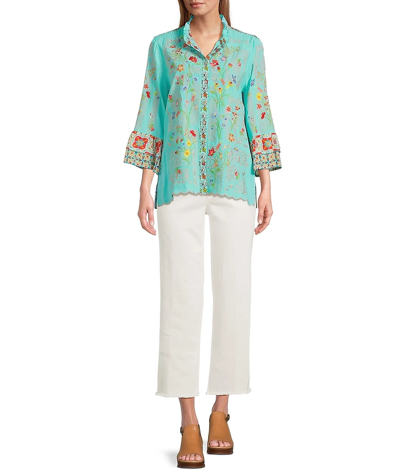 John Mark Floral Embroidered Round Neck 3/4 Ruffle Tiered Sleeve Button Front Blouse