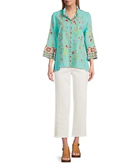 John Mark Floral Embroidered Round Neck 3/4 Ruffle Tiered Sleeve Button Front Blouse