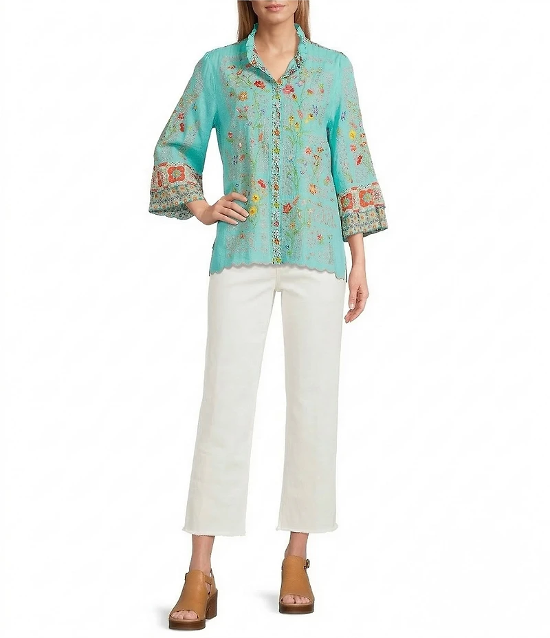 John Mark Floral Embroidered Round Neck 3/4 Ruffle Tiered Sleeve Button Front Blouse
