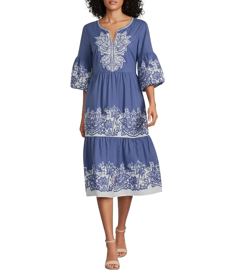 John Mark Floral Embroidered Split V-Neck 3/4 Bubble Sleeve A-Line Tired Midi Dress