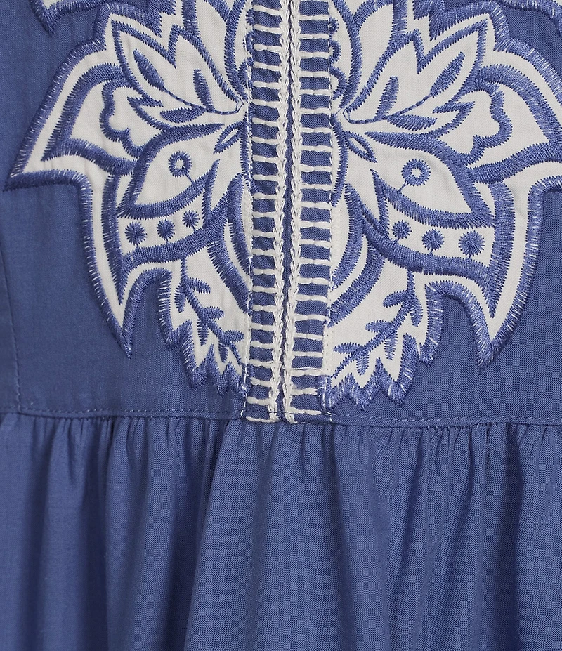 John Mark Floral Embroidered Split V-Neck 3/4 Bubble Sleeve A-Line Tired Midi Dress