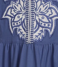 John Mark Floral Embroidered Split V-Neck 3/4 Bubble Sleeve A-Line Tired Midi Dress