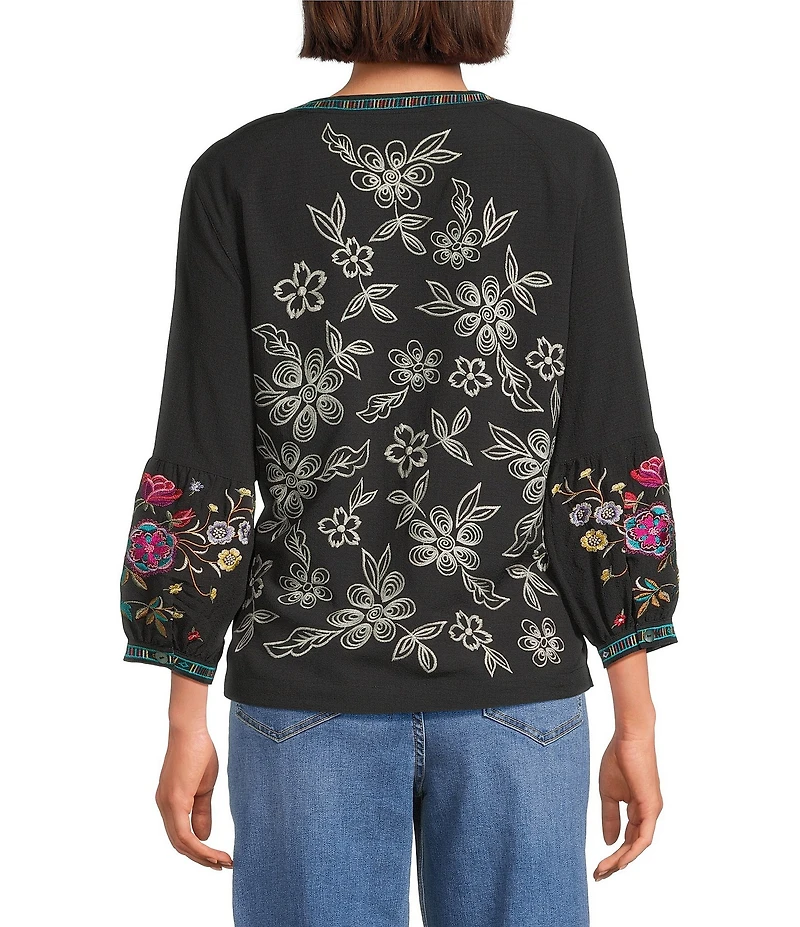 John Mark Floral Embroidered Split V-Neck 3/4 Tiered Sleeve Peasant Top