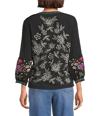 John Mark Floral Embroidered Split V-Neck 3/4 Tiered Sleeve Peasant Top