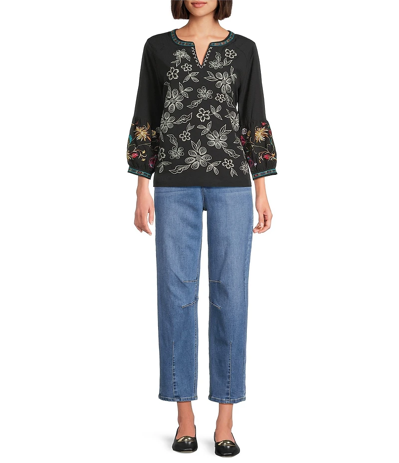 John Mark Floral Embroidered Split V-Neck 3/4 Tiered Sleeve Peasant Top