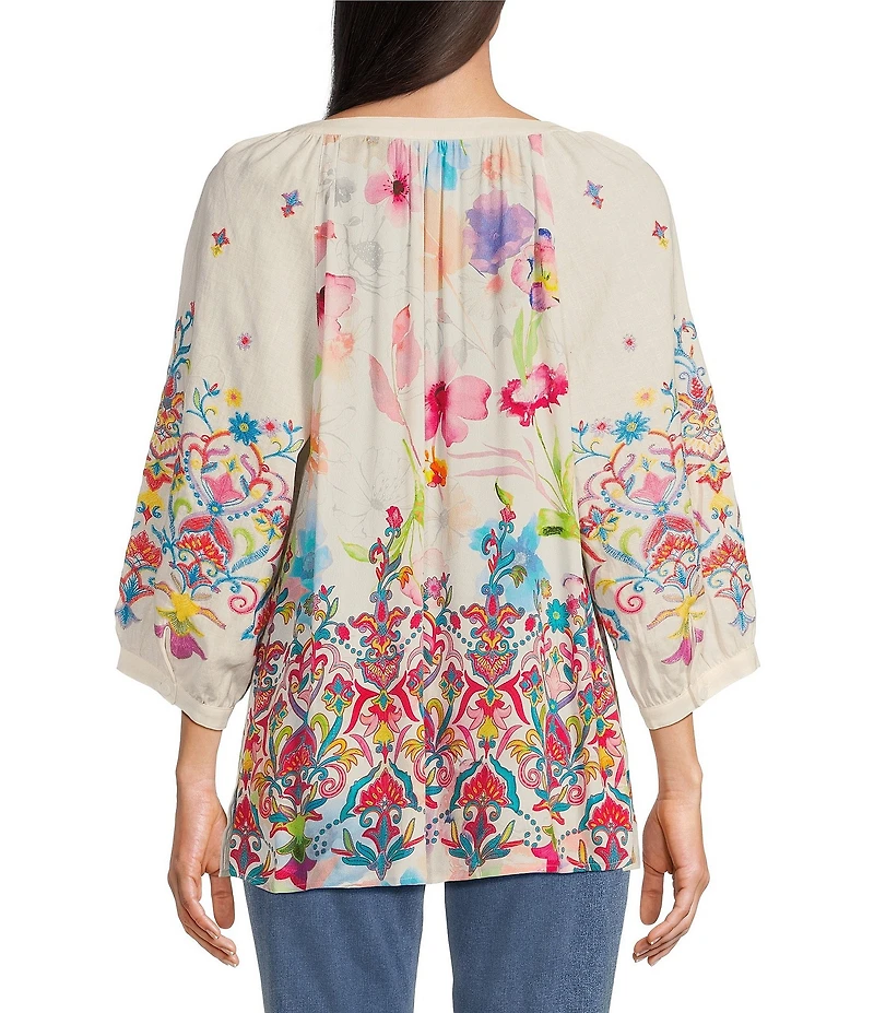 John Mark Floral Embroidered Tassel Split Neck Elbow Sleeve Tunic