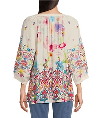 John Mark Floral Embroidered Tassel Split Neck Elbow Sleeve Tunic