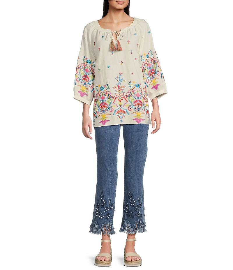 John Mark Floral Embroidered Tassel Split Neck Elbow Sleeve Tunic