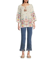 John Mark Floral Embroidered Tassel Split Neck Elbow Sleeve Tunic