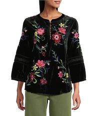 John Mark Floral Embroidered Velvet Back Print Band Round Collar 3/4 Sleeve Tunic