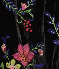 John Mark Floral Embroidered Velvet Back Print Band Round Collar 3/4 Sleeve Tunic