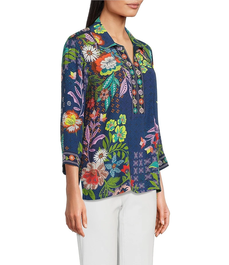 John Mark Floral Embroidered Woven Point Collar 3/4 Cuff Sleeve Popover Top